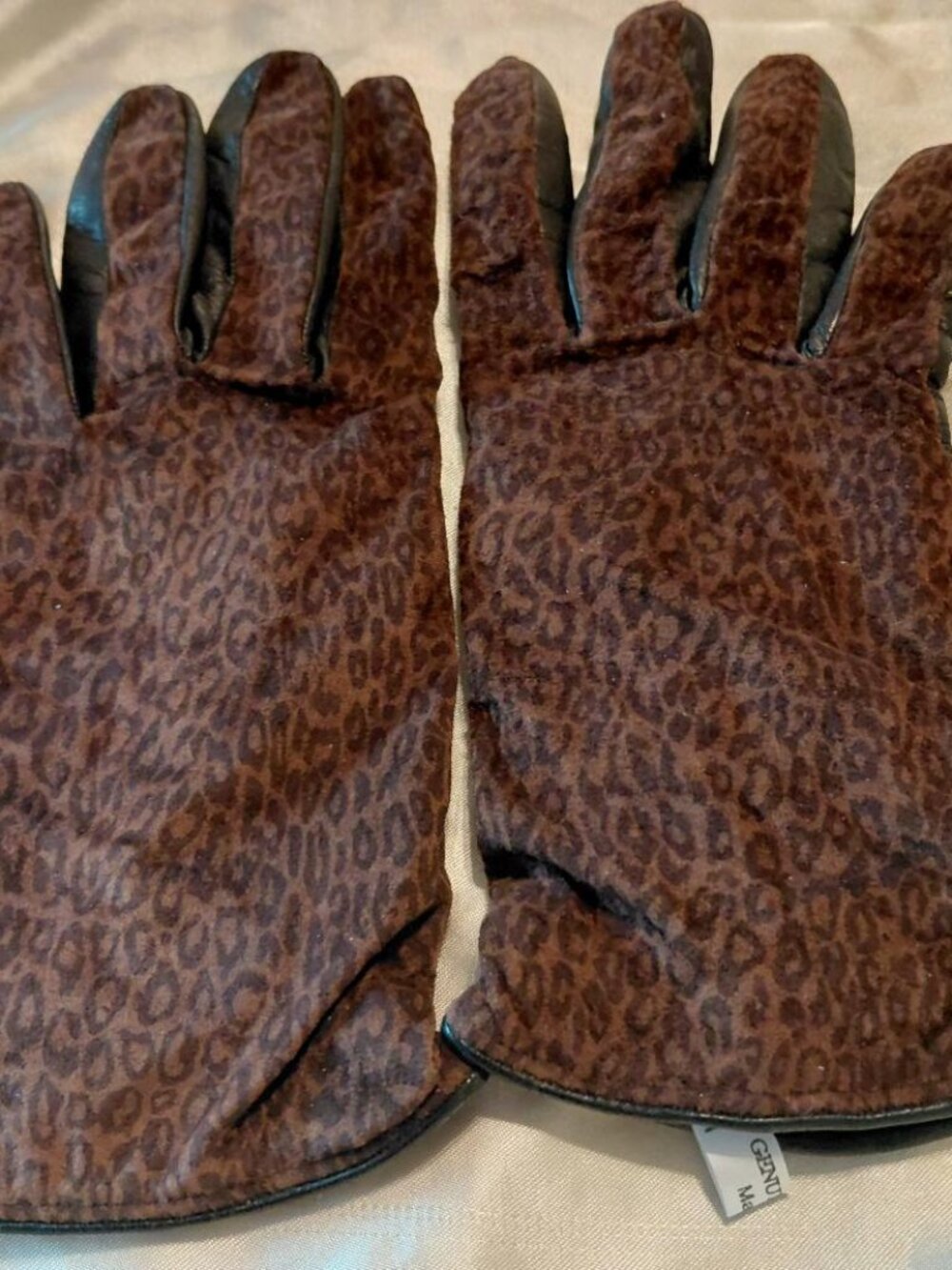Vtg Neiman Marcus Suede Front Leopard Print Cashmere Lined Leather Gloves
